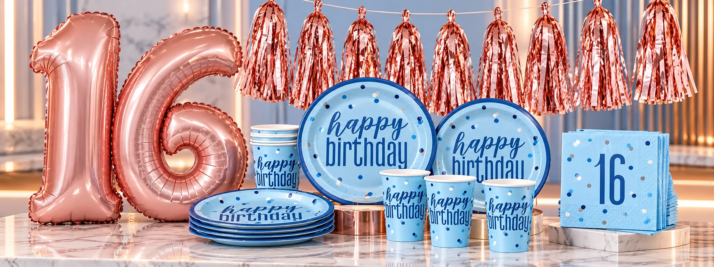 Sechzehnter Geburtstag – Hellblau und Roségold – Partygeschirr mit Tellern, Bechern, Servietten und passender Dekoration bei Playflip