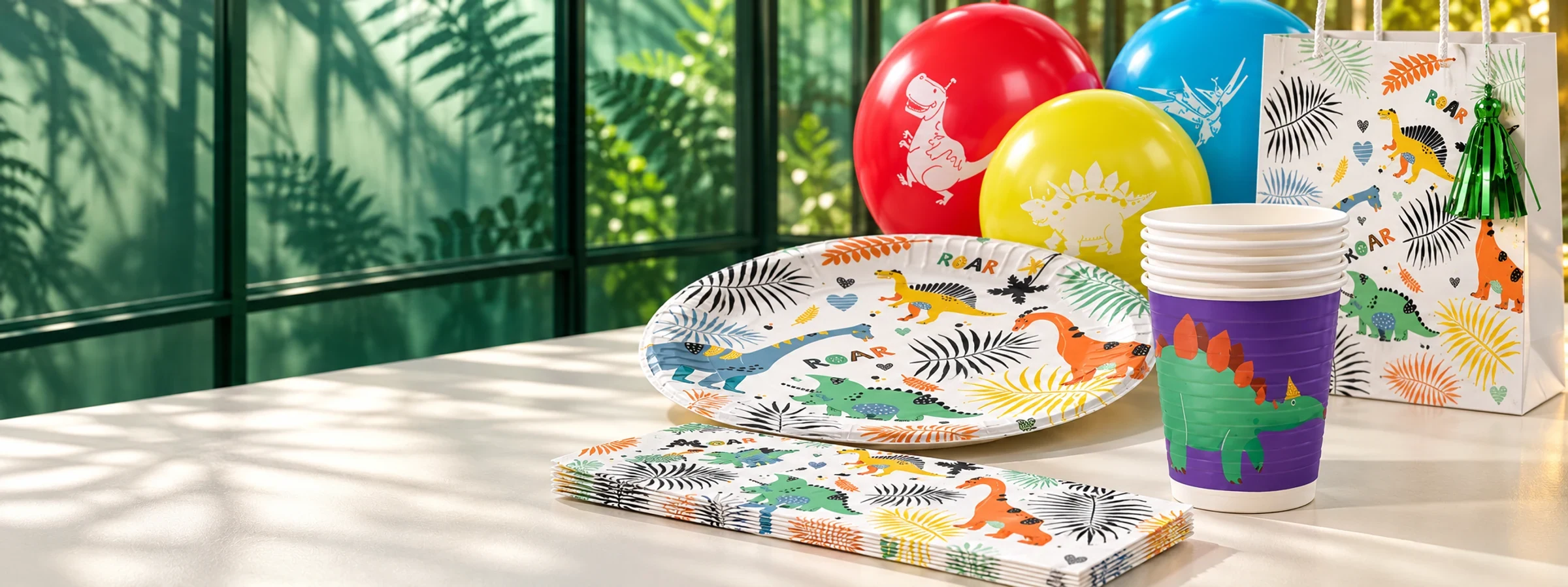 Dino Roars – Partygeschirr mit Tellern, Bechern, Servietten und passender Dekoration bei Playflip