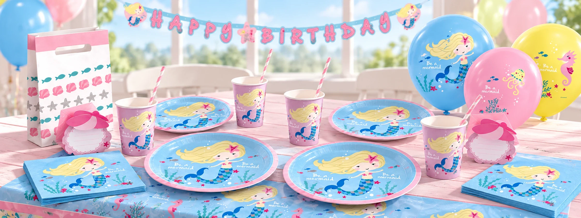 Kleine Meerjungfrau – Partygeschirr mit Tellern, Bechern, Servietten und passender Dekoration bei Playflip