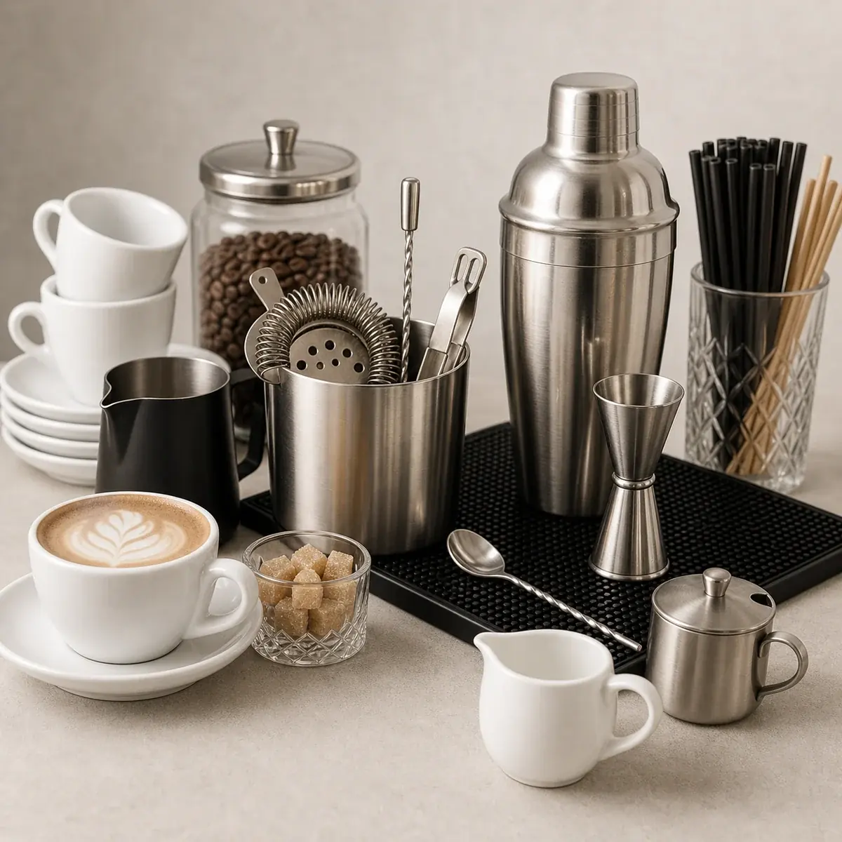 Bar- und Cafébedarf mit Barwerkzeug und Kaffeetassen