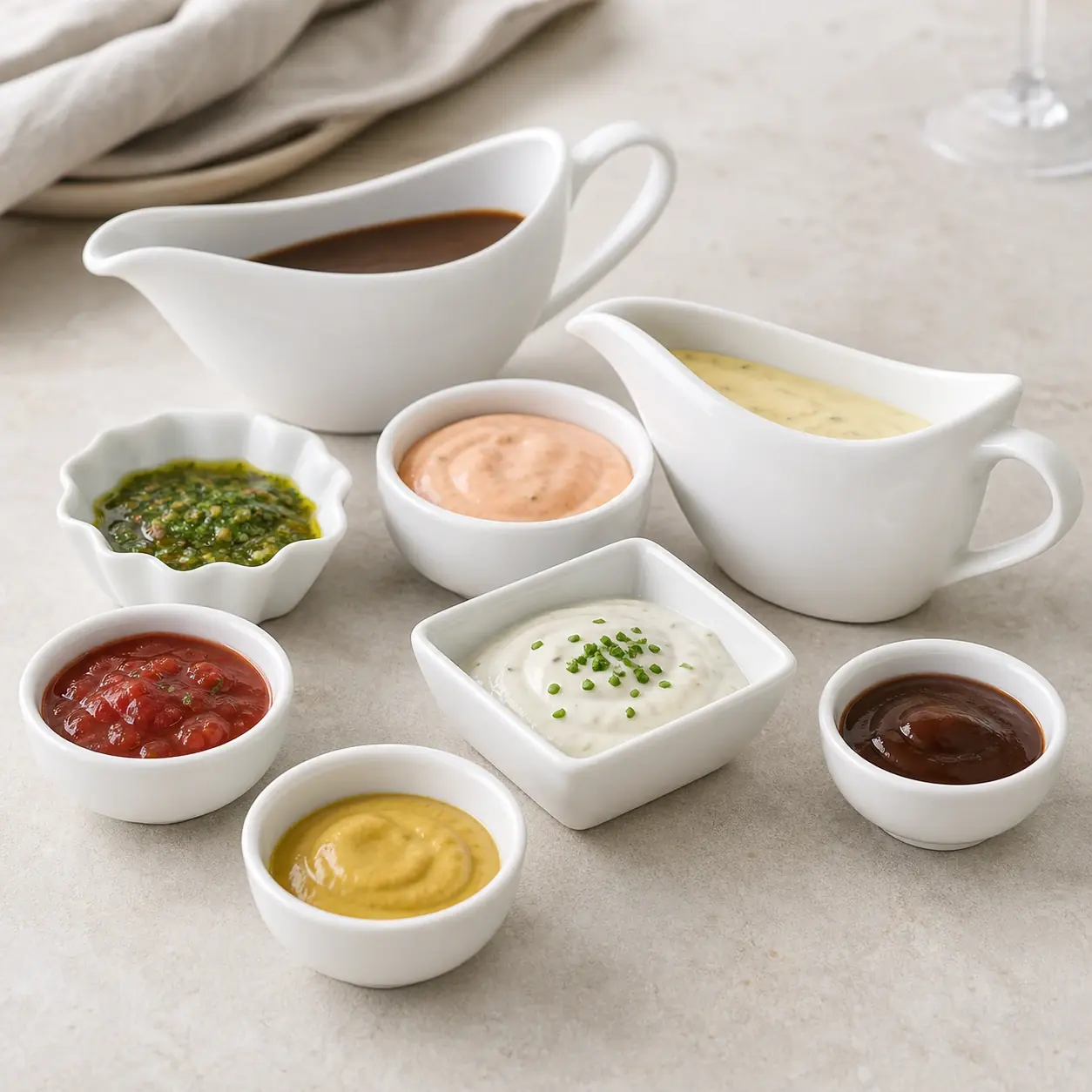 Dipschalen und Saucieren aus weißem Porzellan