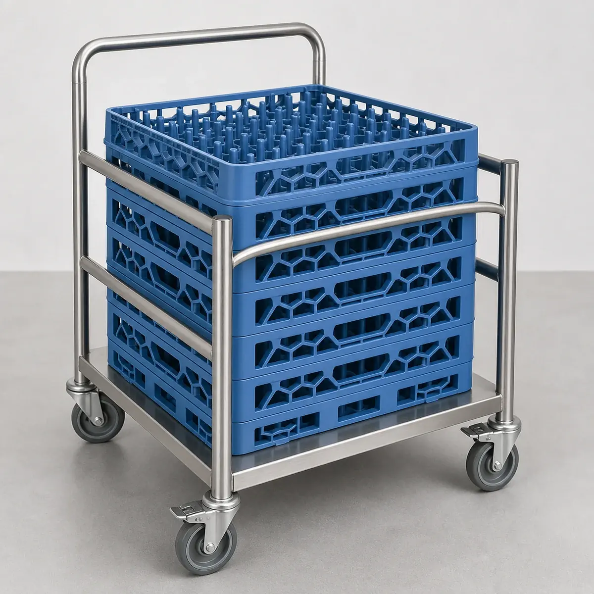 Spülkorbwagen mit blauen Spülkörben