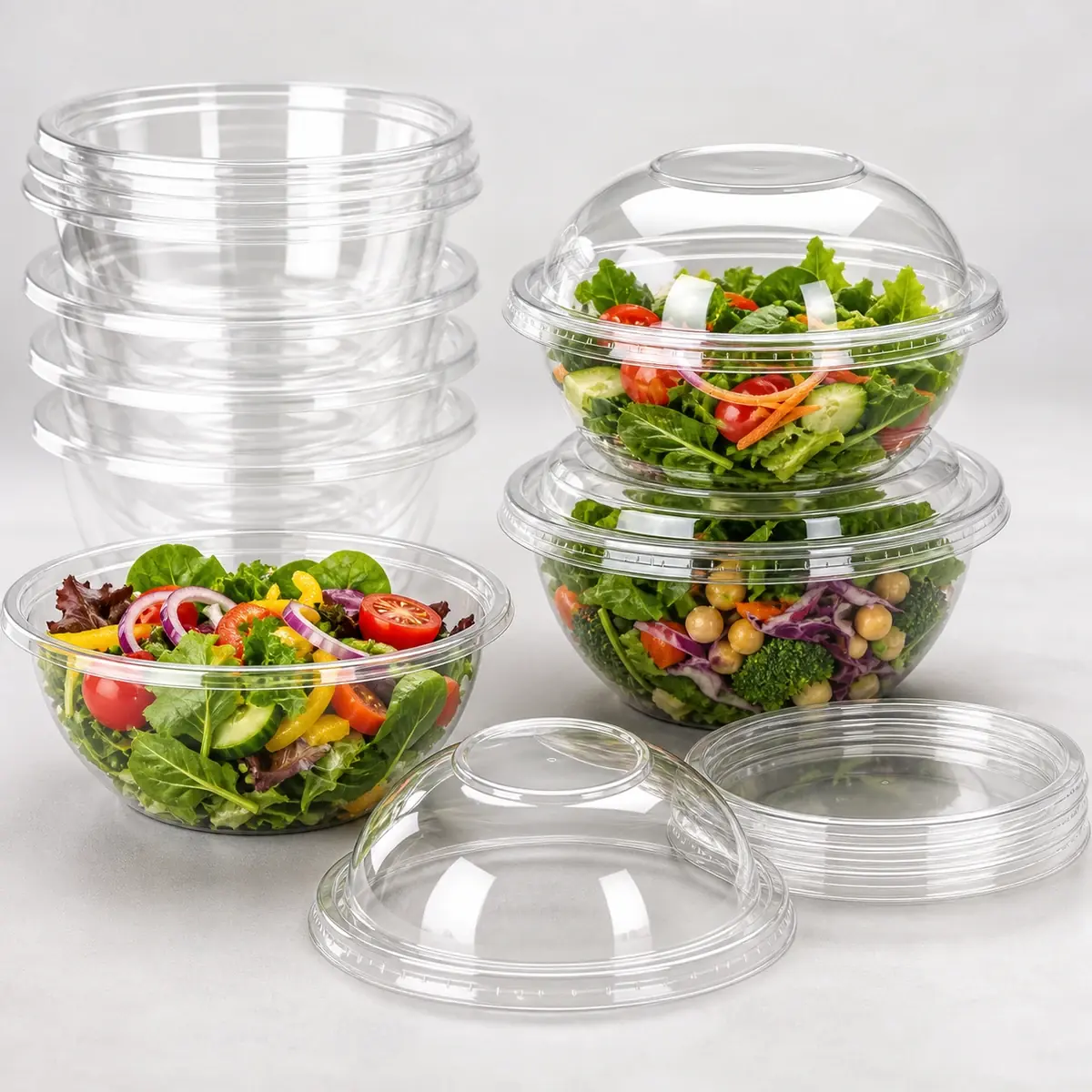 Nahaufnahme von transparenten Salatschalen und To-go-Bowls mit Deckeln