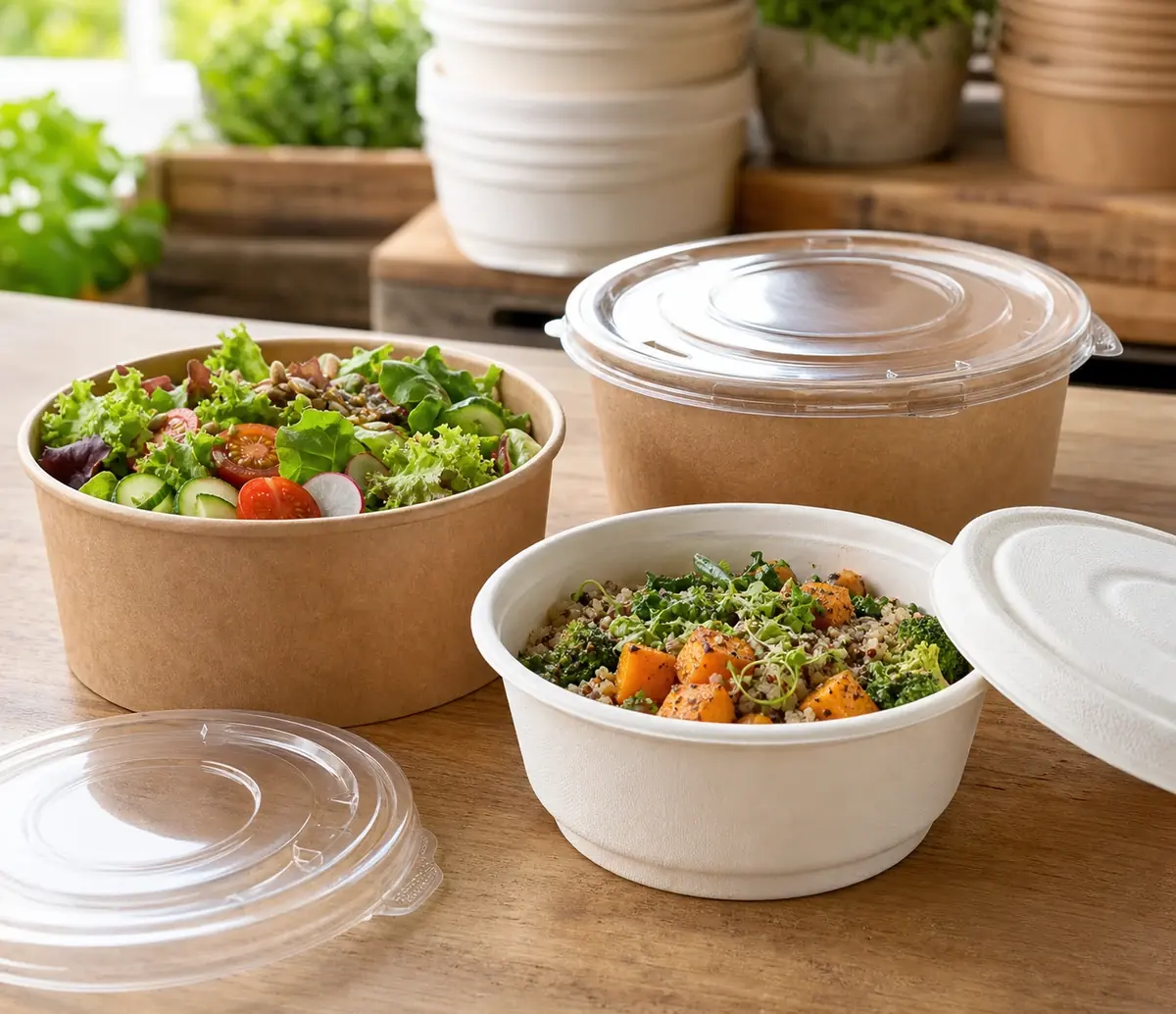 Nahaufnahme von braunen Einwegschalen und To-go-Bowls mit Deckeln