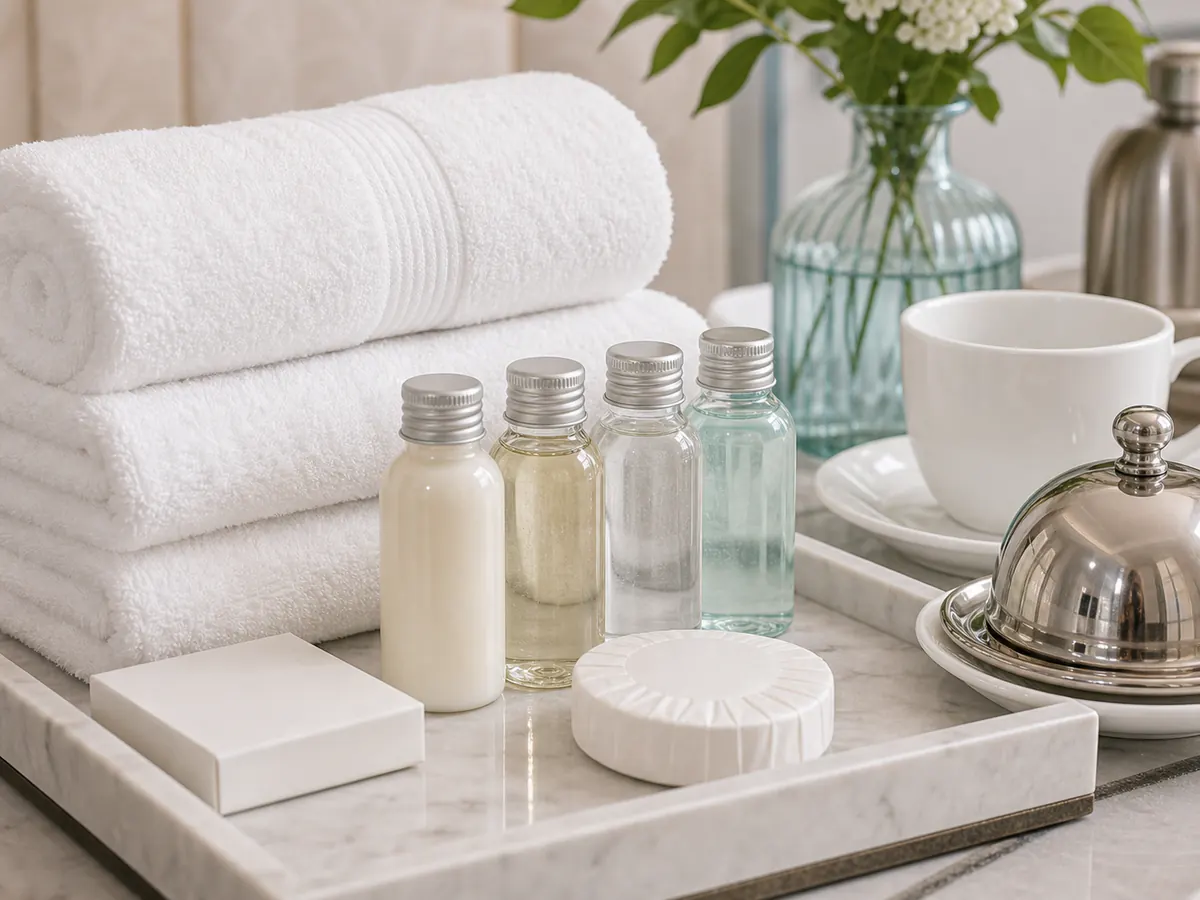 Hotelbedarf mit Handtüchern, Hotelkosmetik und Roomservice-Tablett