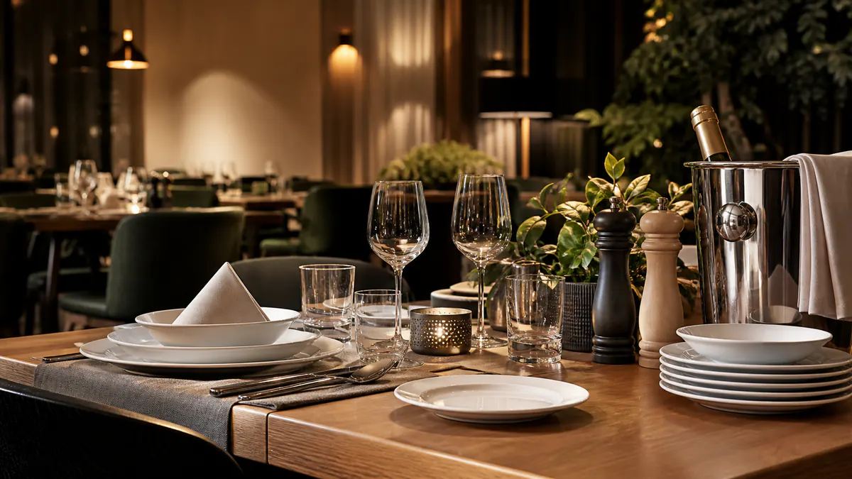 Restaurantbedarf mit Geschirr, Besteck, Gläsern und Serviertablett