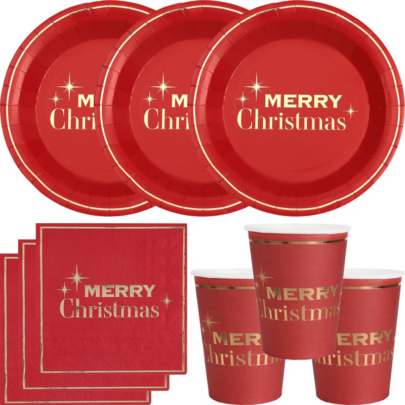 Merry Christmas Teller, Becher und Servietten in Rot und Gold aus dem Playflip-Sortiment