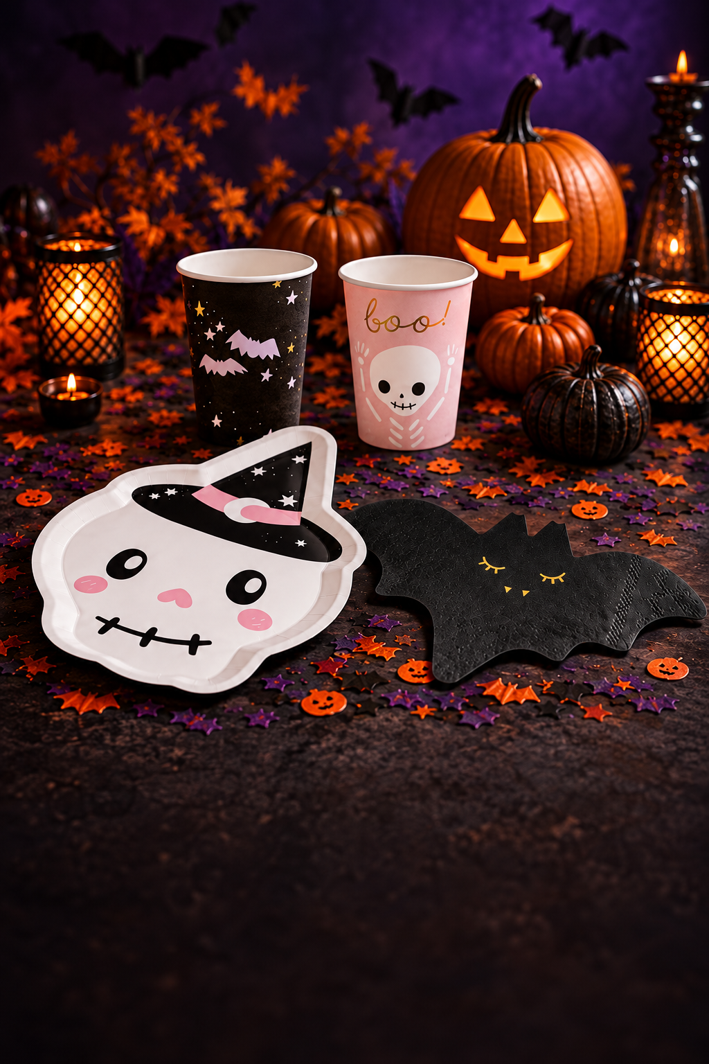 Halloween-Tisch mit Skelett-Teller, Gespenst-Bechern und Fledermaus-Servietten aus dem Playflip-Sortiment