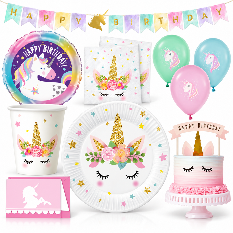 Original-Shopbild des ausgewählten Einhorn-Partysets mit Tellern, Bechern, Servietten und Geburtstagsdeko