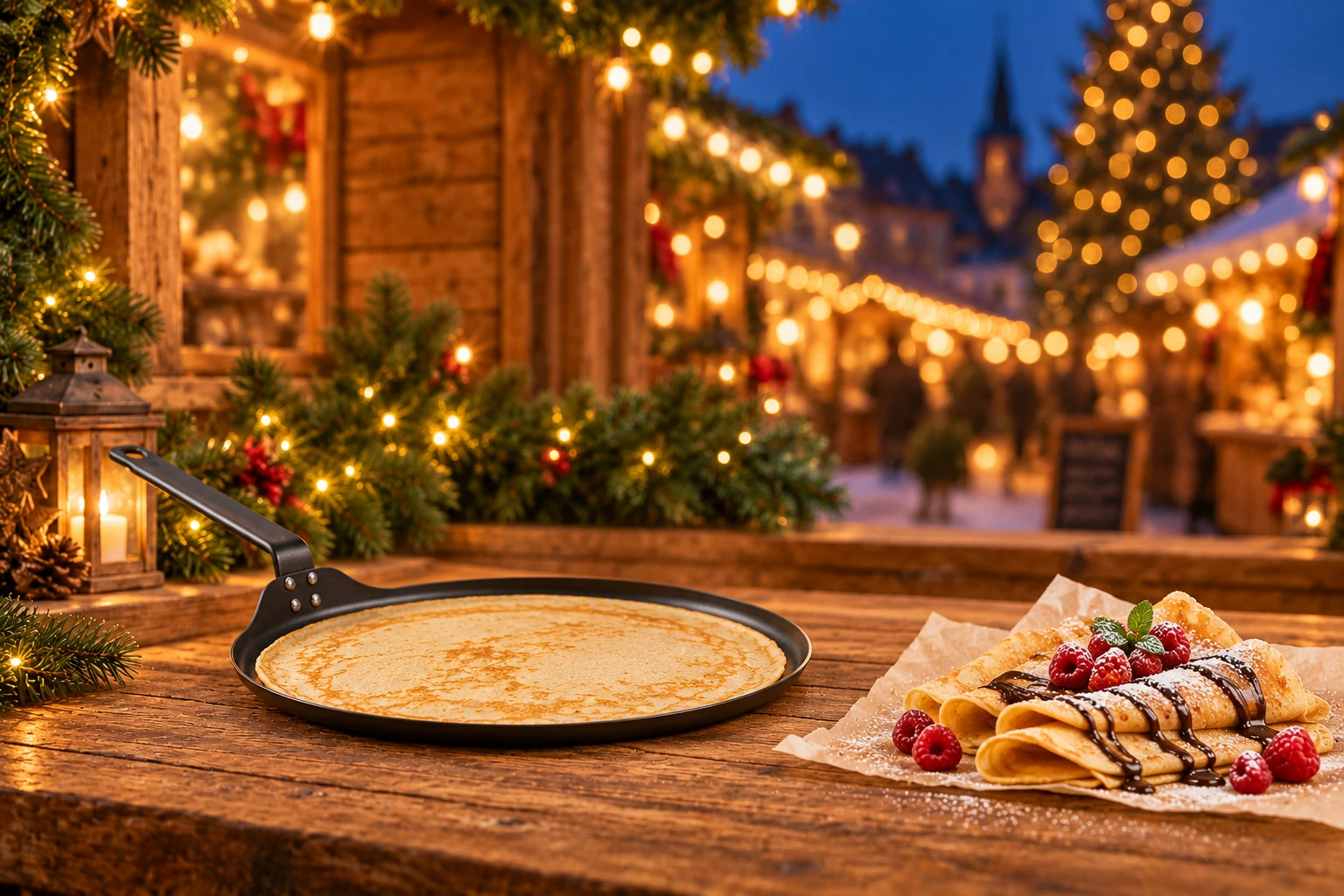 HENDI Crêpe-Pfanne mit dünnem Crêpe und frischen Crêpes auf der Weihnachtsmarkttheke