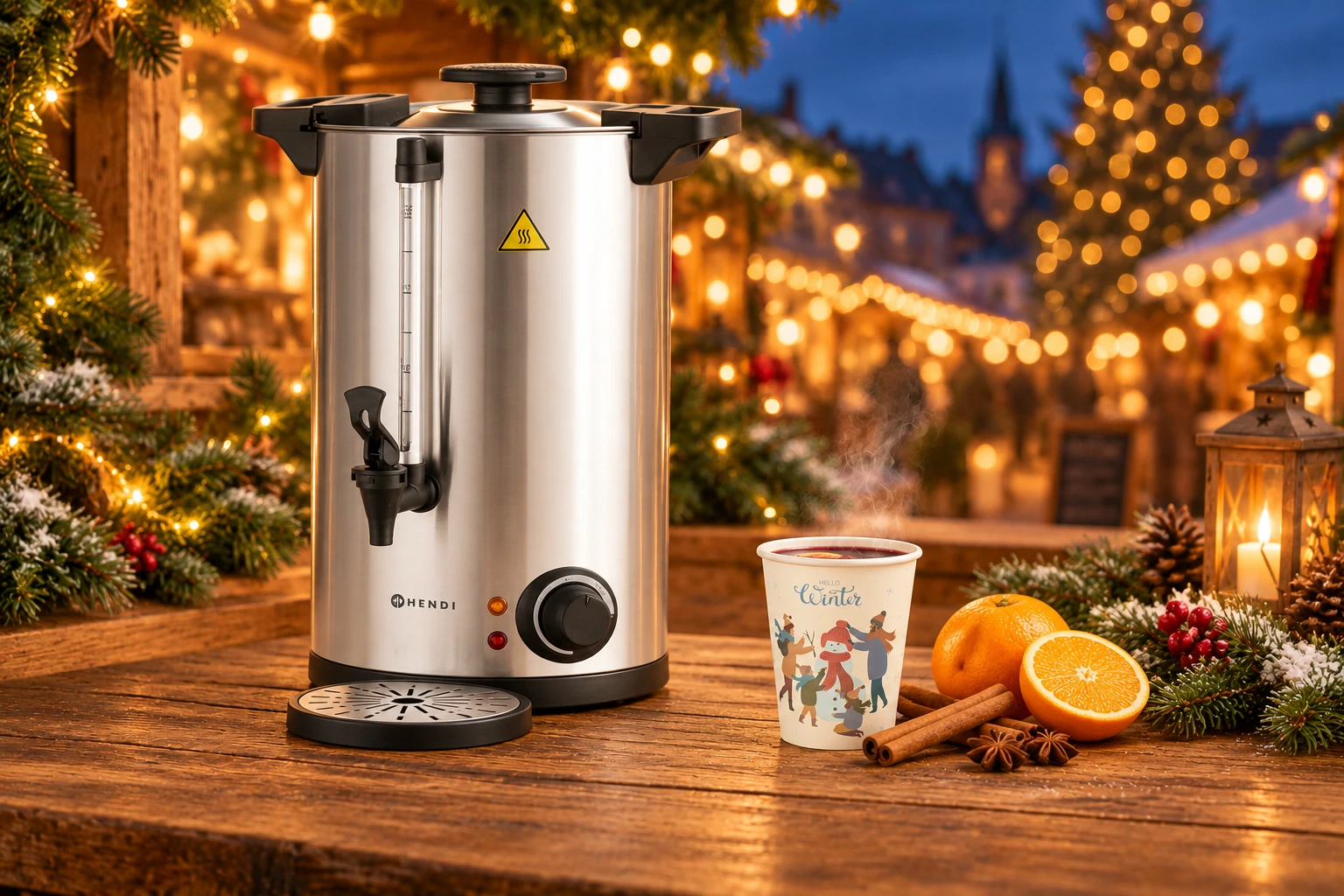 HENDI Heißgetränkespender mit Hello-Winter-Becher auf einer Weihnachtsmarkttheke