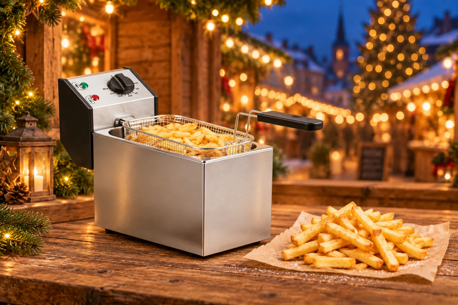 Edelstahl-Fritteuse mit Korb und Pommes auf einer Weihnachtsmarkttheke