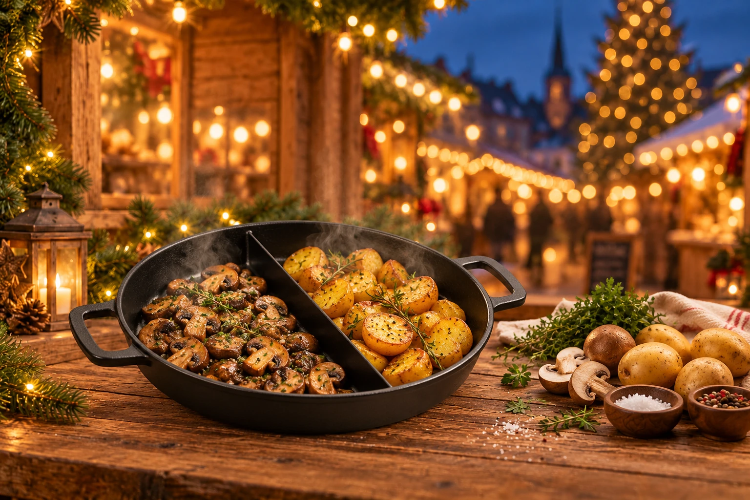 WAS Gusseisen-Riesenpfanne mit Mittelsteg, Pilzen und Kartoffeln auf einer Weihnachtsmarkttheke