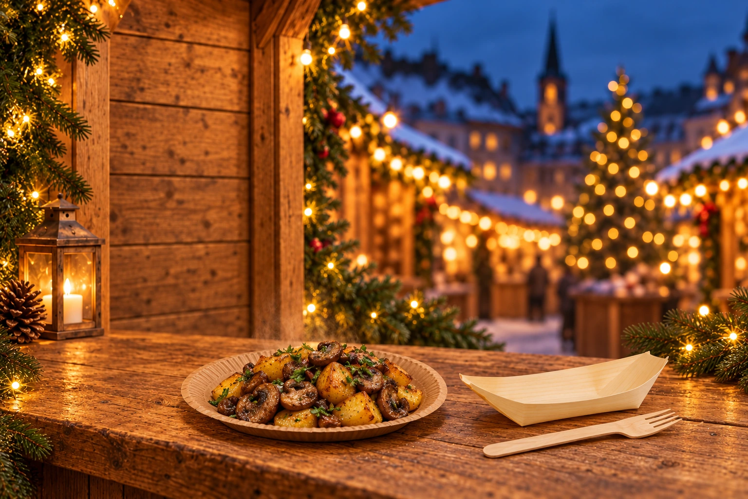 Papiergeschirr, Holzschiffchen und Holzgabel auf der Weihnachtsmarkttheke