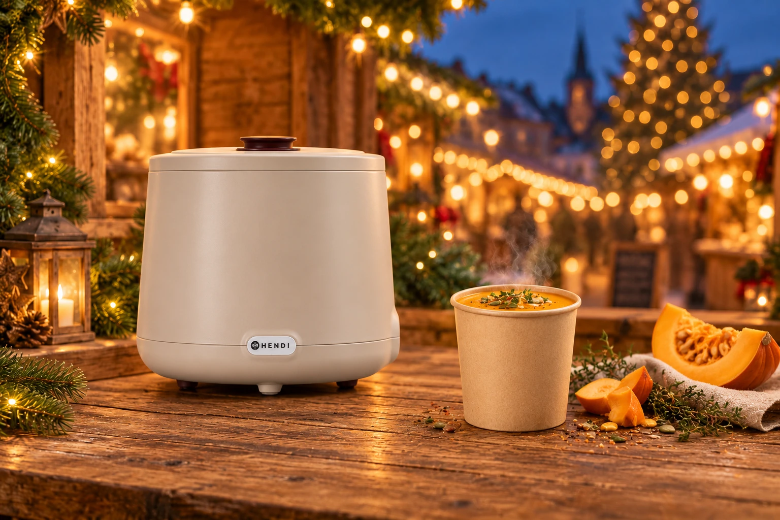 Beiger HENDI UNIQ Suppenkessel und Suppenbecher auf der Weihnachtsmarkttheke