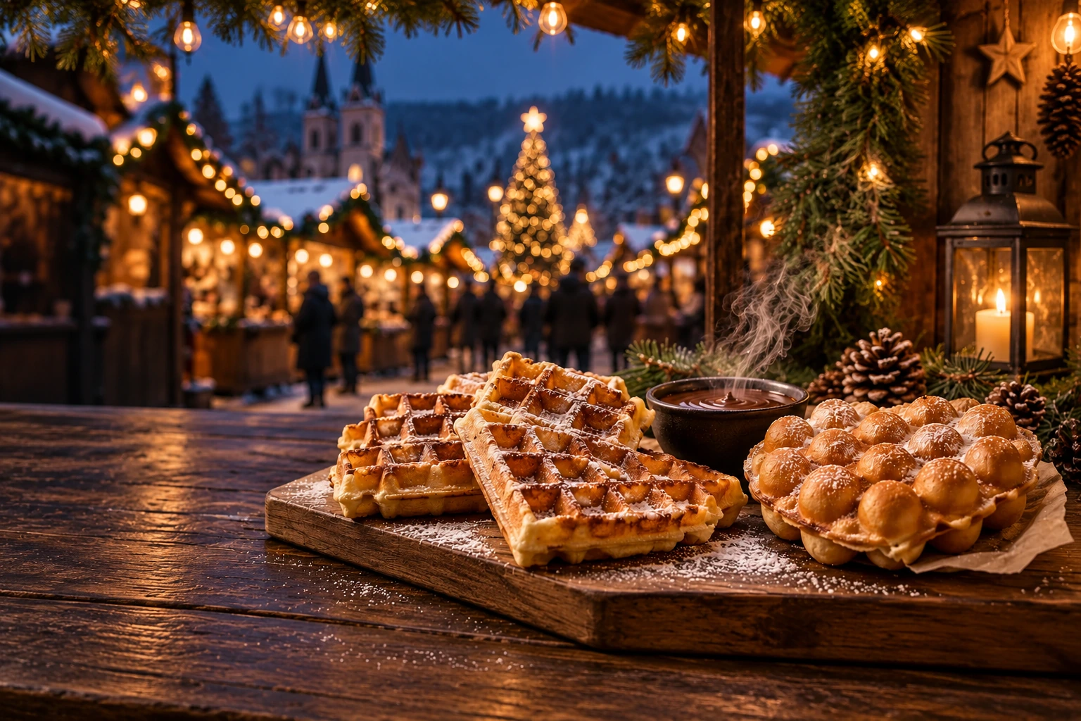 Frische Waffeln auf einer weihnachtlichen Markttheke