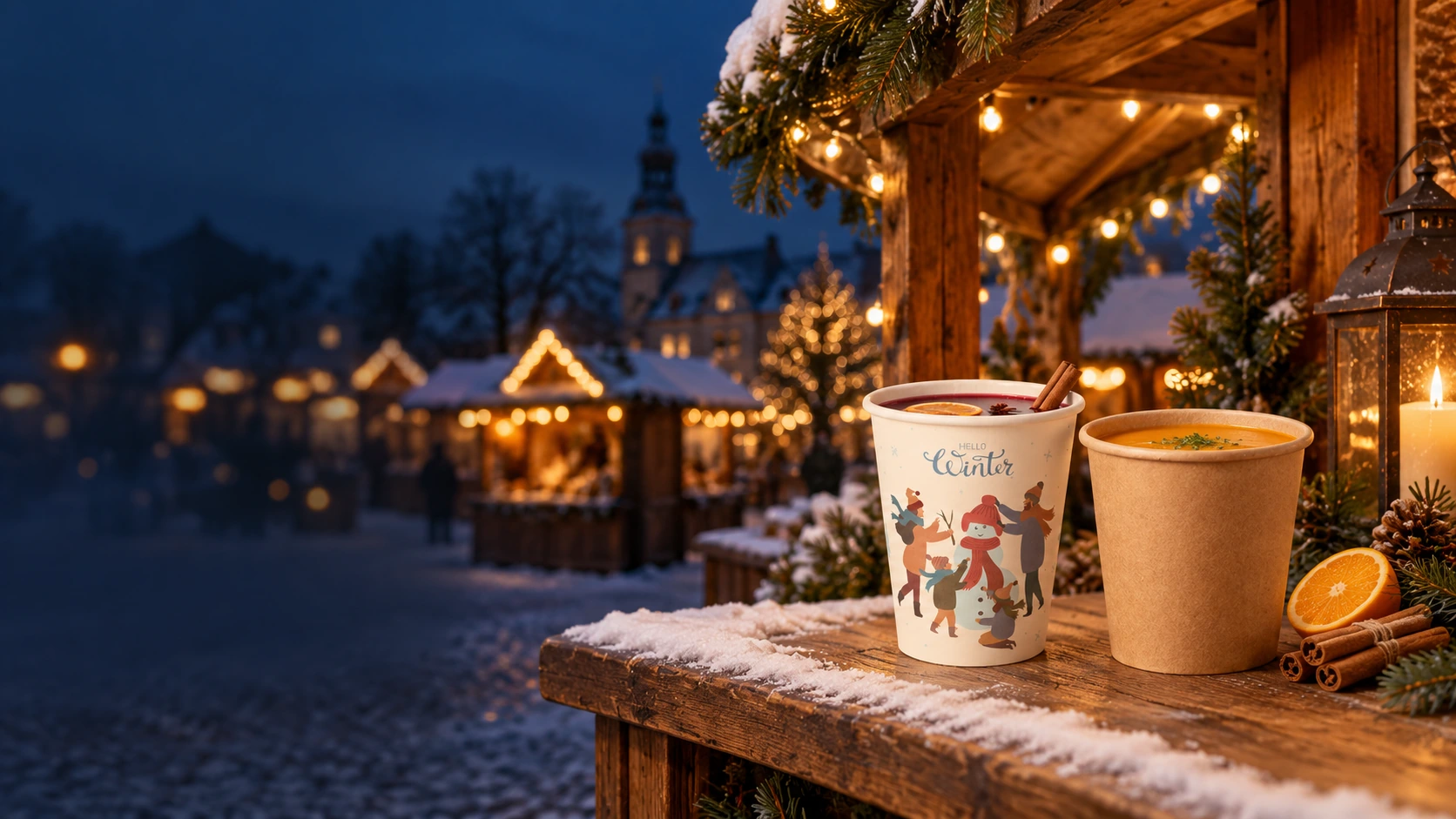 Glühwein im Hello-Winter-Becher und ein Suppenbecher an einem beleuchteten Weihnachtsmarktstand