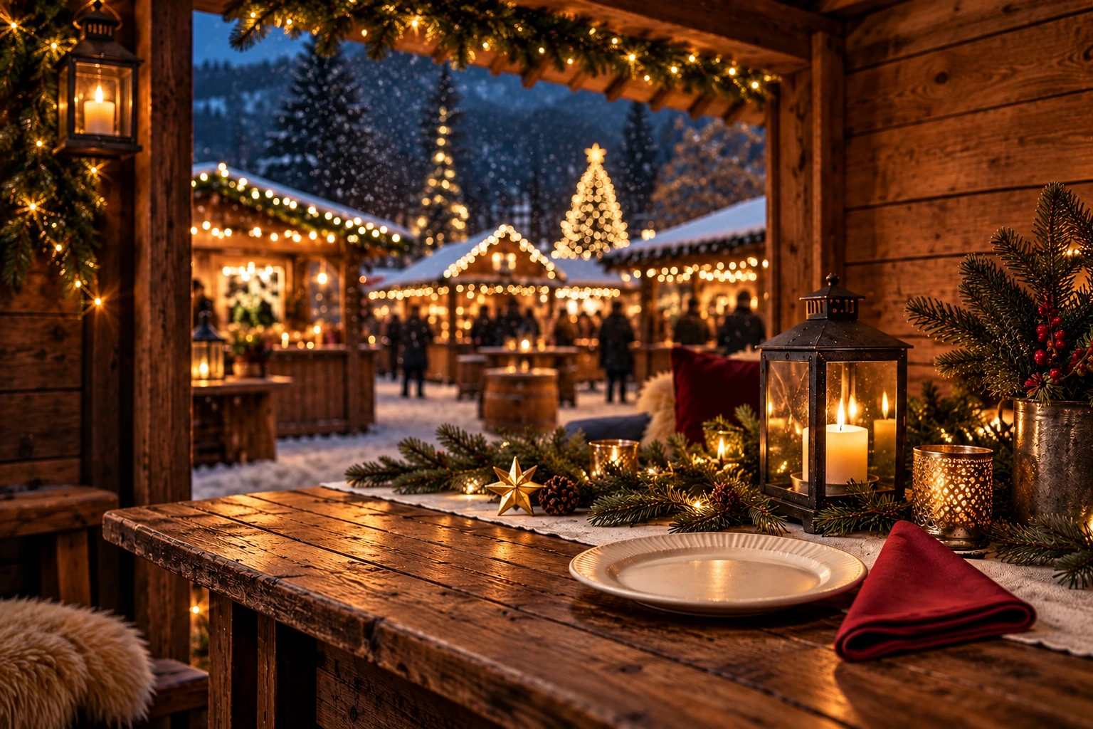 Festlich gedeckter Weihnachtstisch mit Serviette und Teller